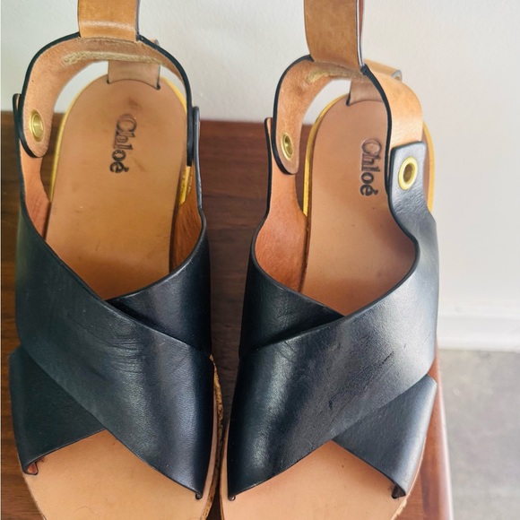 SUPER RARE Chloe Black Leather + Cork Wedges - Picture 2 of 7
